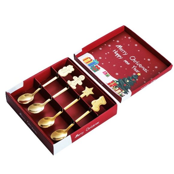 4PC Gold Holiday Coffee Dessert Spoons Gift Set Tableware - Picture 2 of 5